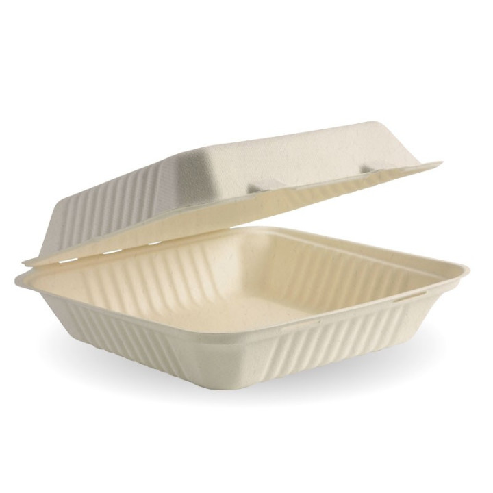 3 Compartment Clamshell Sugarcane 23x23x8cm (9x9x3") Bio Natural  200 pcs