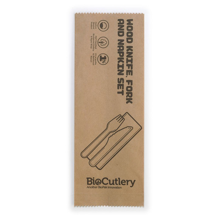 16cm FSC Certified Coated Wooden Knife, Fork & Napkin Set  400 pcs