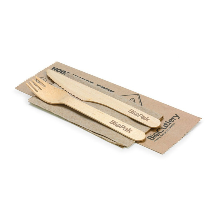 16cm FSC Certified Coated Wooden Knife, Fork & Napkin Set  400 pcs