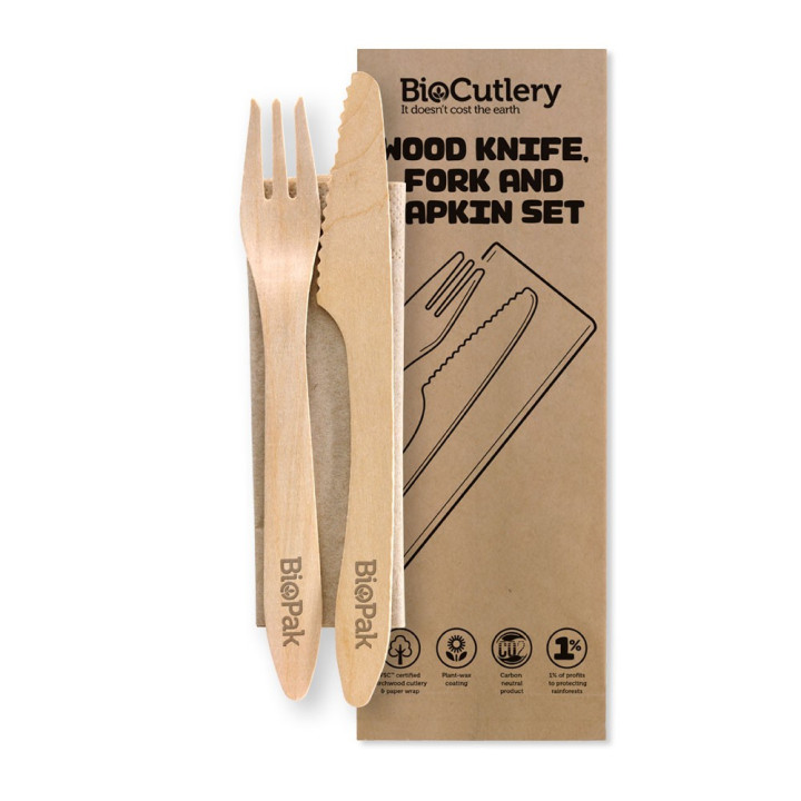 19cm FSC Certified Coated Wooden Knife, Fork & Napkin Set  400 pcs