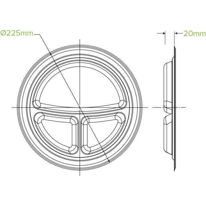 9" 3 Compartment Round Plate - White  500 pcs