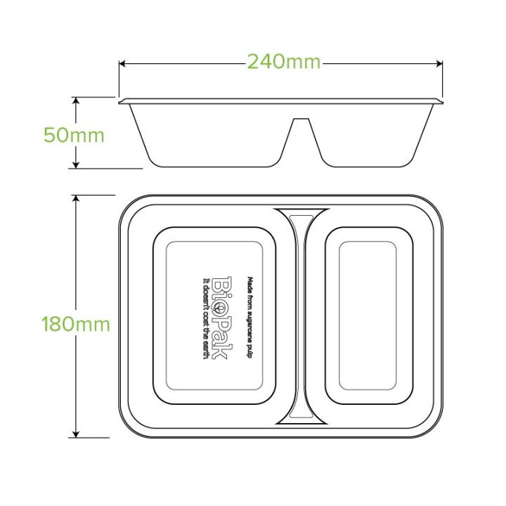 2 Compartment Bio Asian Takeaway Box (530/380ml) - NATURAL - 500 pcs