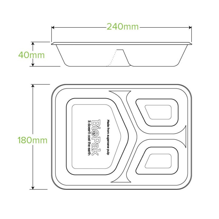 3 Compartment Bio Asian Takeaway Box (530/150/150ml) - NATURAL - 500 pcs