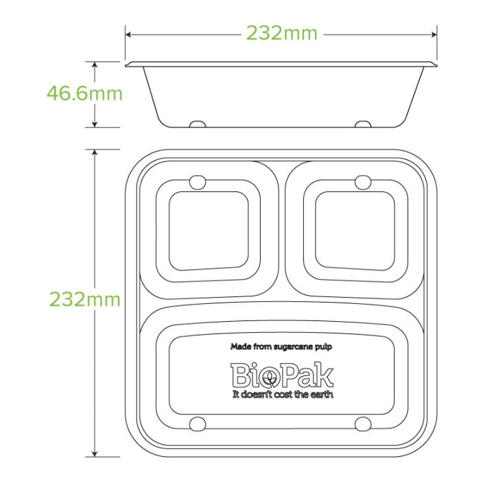 3 Compartment Bio Asian Takeaway Box (560/240/240ml) - NATURAL - 300 pcs