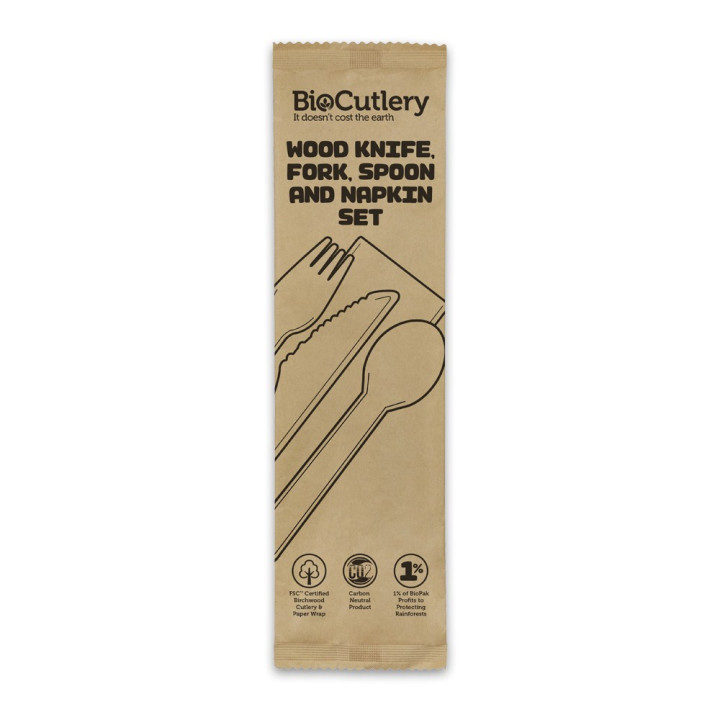16cm knife fork spoon and napkin set - FSC 100% - wood  400 pcs