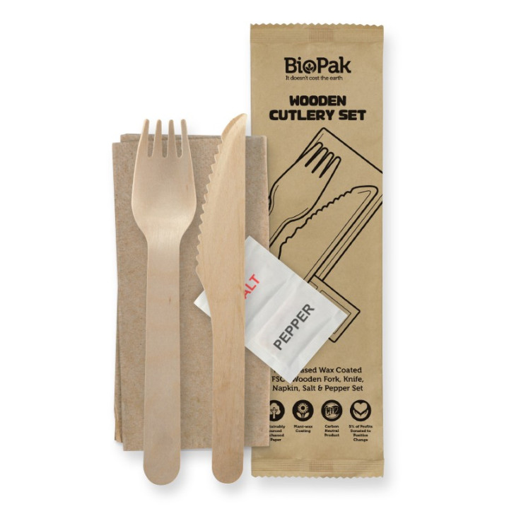 16cm Coated Wooden Knife Fork Napkin Salt & Pepper Takeaway Set  400 pcs