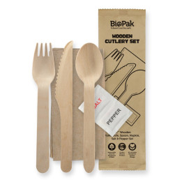 16cm Coated Wooden Knife Fork Spoon Napkin Salt & Pepper Takeaway Set  400 pcs