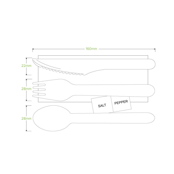 16cm Coated Wooden Knife Fork Spoon Napkin Salt & Pepper Takeaway Set  400 pcs