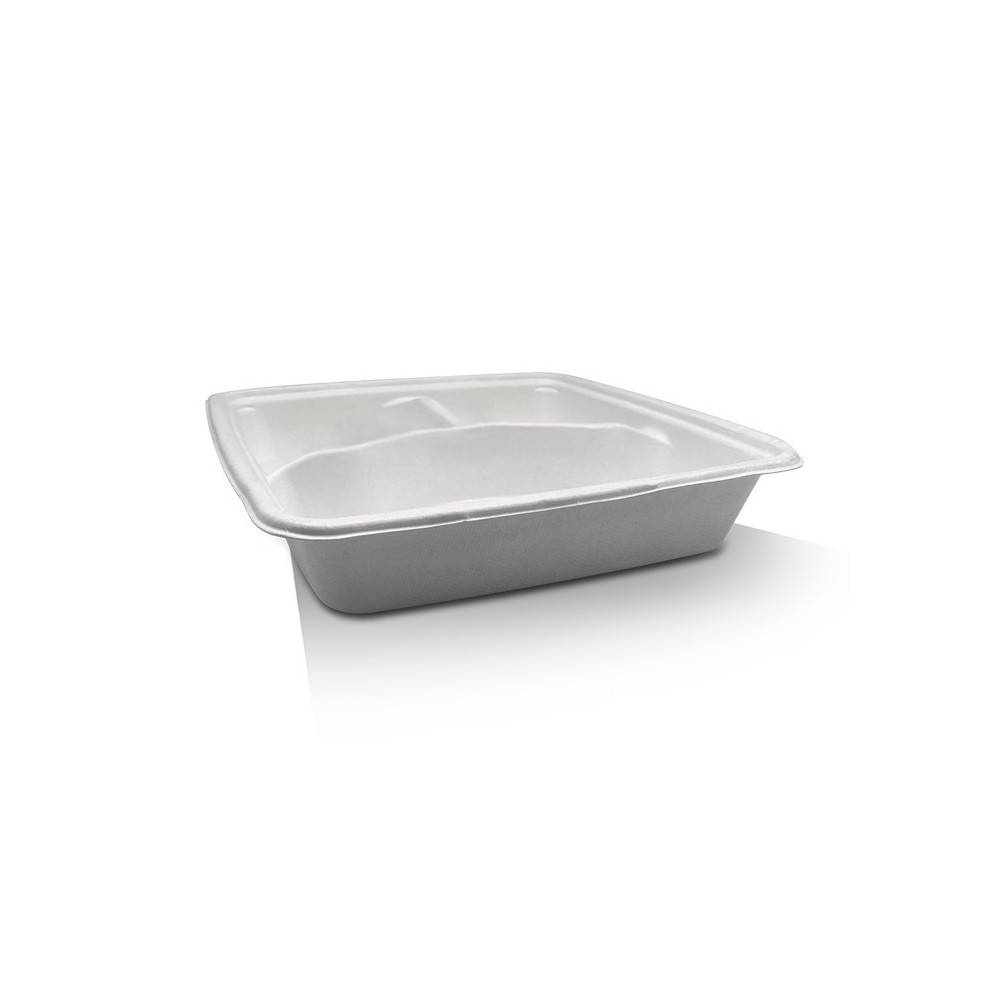 9" 3 Compartment Sugarcane Square Takeaway Tray  200 pcs