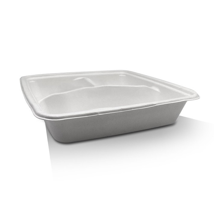 9" 3 Compartment Sugarcane Square Takeaway Tray  200 pcs