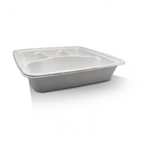 9" 4 Compartment Sugarcane Square Takeaway Tray  200 pcs