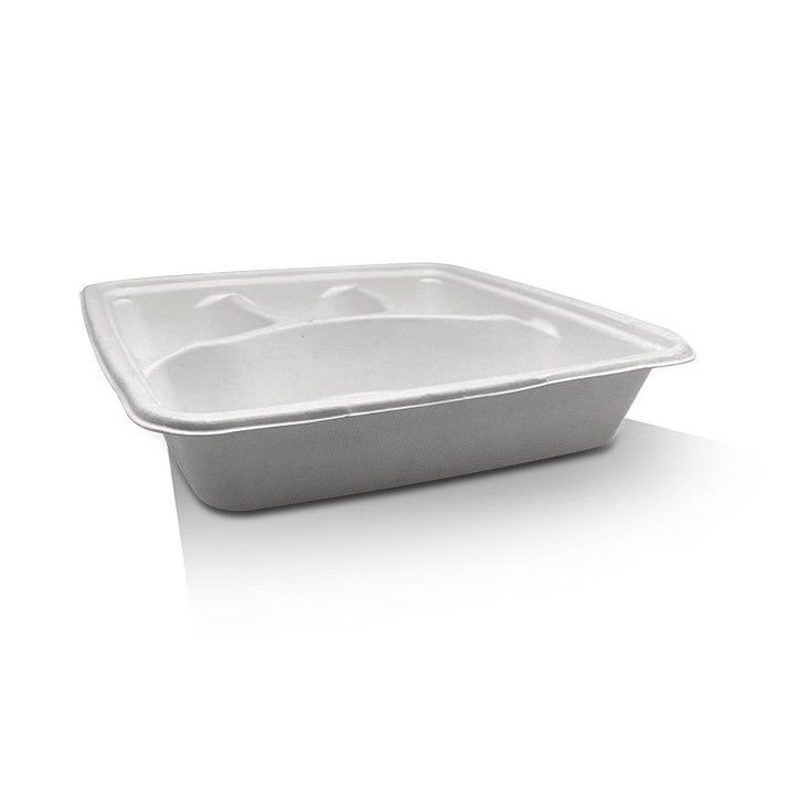 9" 4 Compartment Sugarcane Square Takeaway Tray  200 pcs
