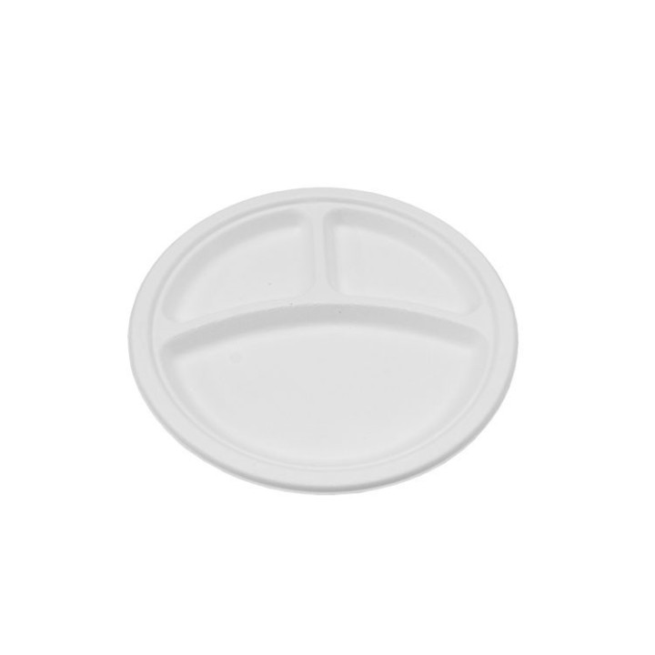 9" 3-Compartments Sugarcane Bagasse Round Plate  500 pcs
