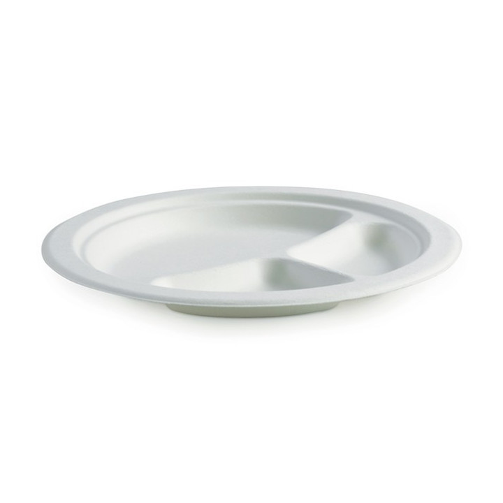 9" 3 Compartment Round Plate - White  500 pcs